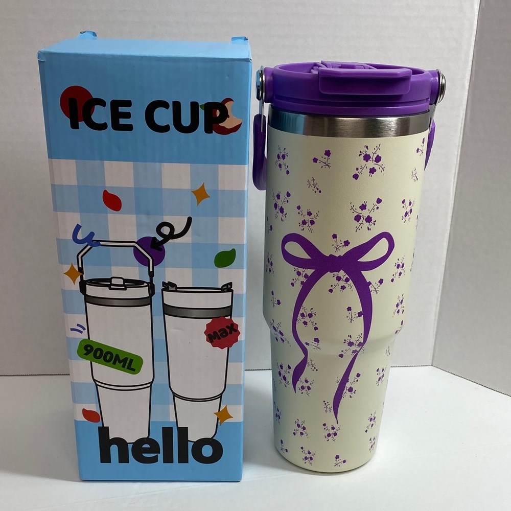 New Tumbler. Cream w/purple flowers and bow.